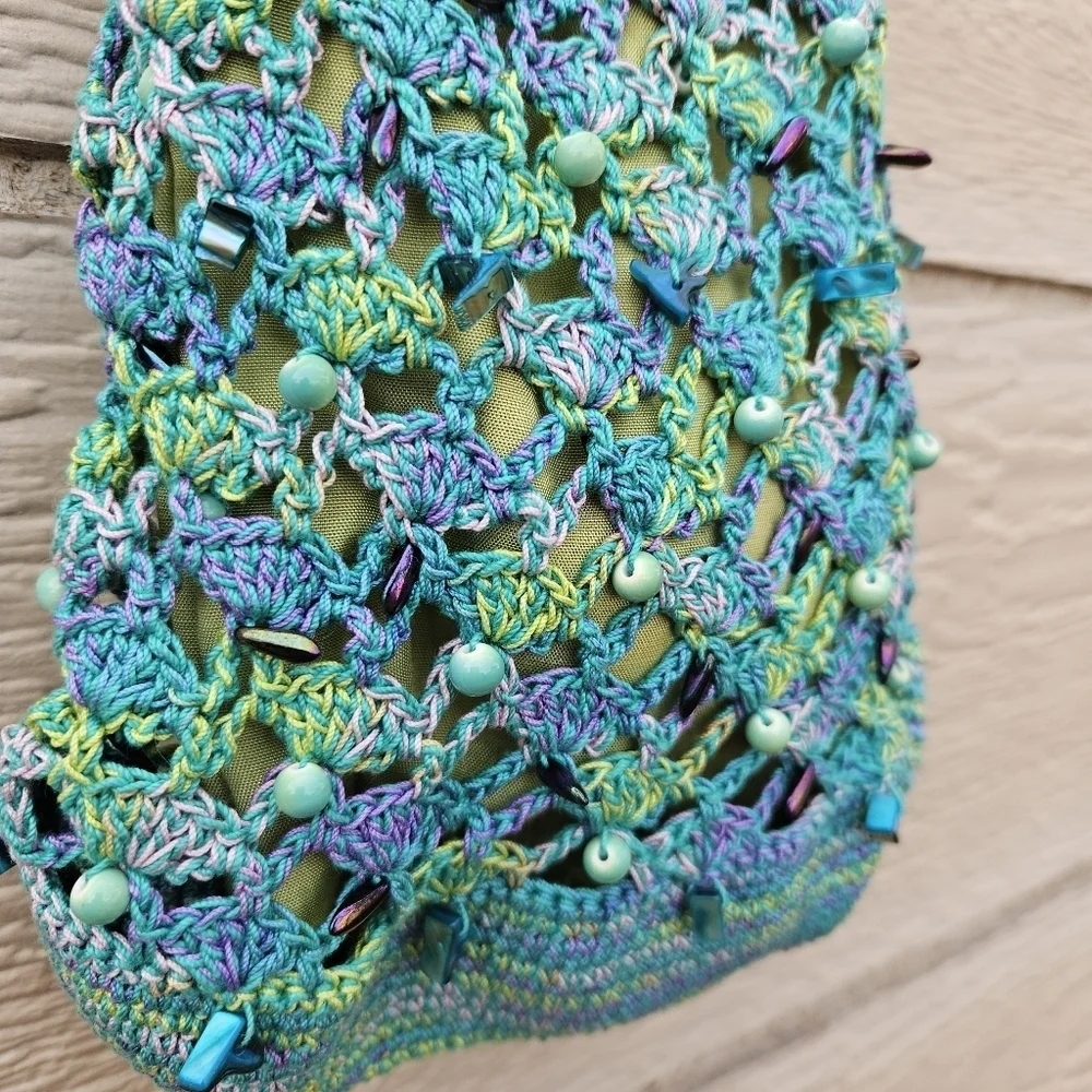 crochet beaded drawstring bucket clutch blue green purple